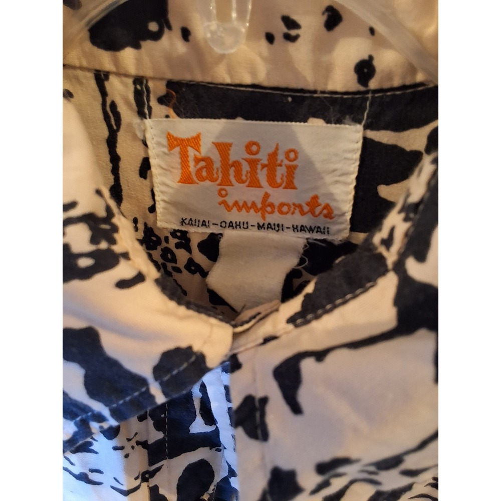 Tahiti Imports Vintage Hawaiian Shirt XL White Black Block Print Boho Mens